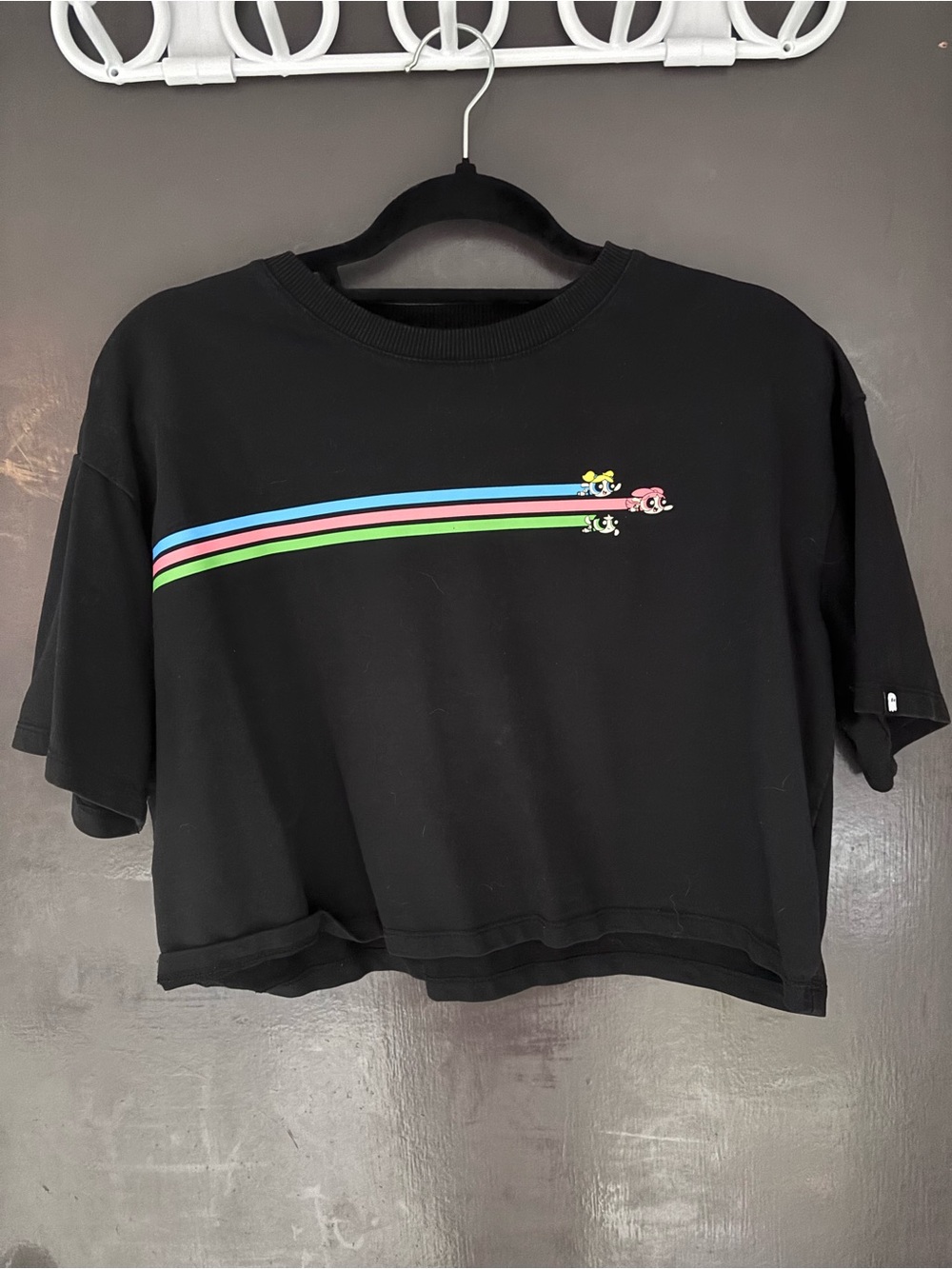 Black Cropped Tee with Blue, Pink & Green Stripe Details